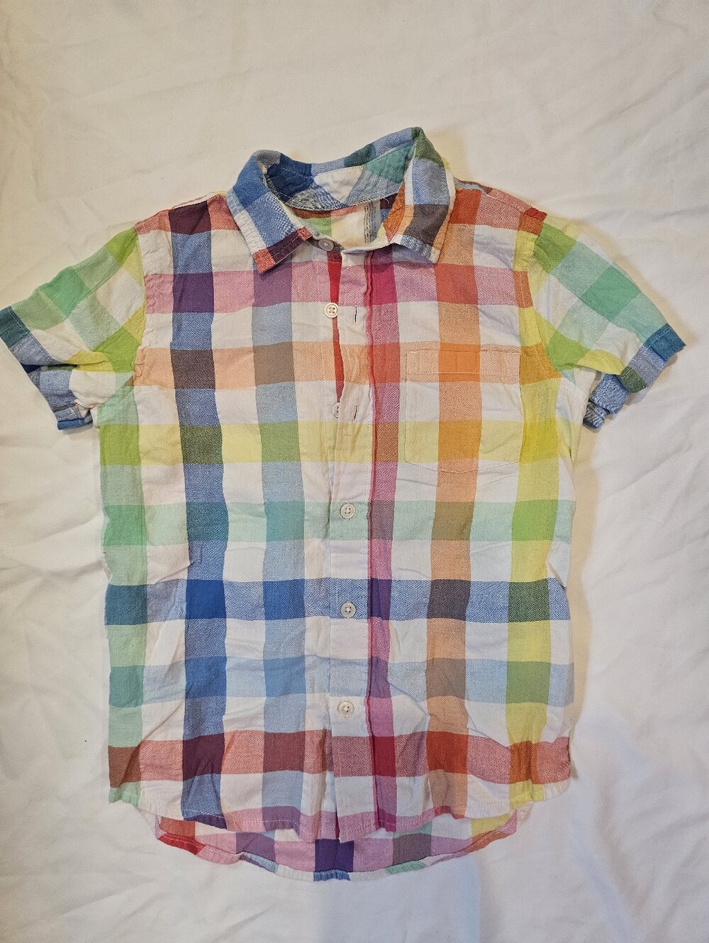 Primary Rainbow Plaid Short-Sleeve Button-Down Shirt- Kids Size 8/9